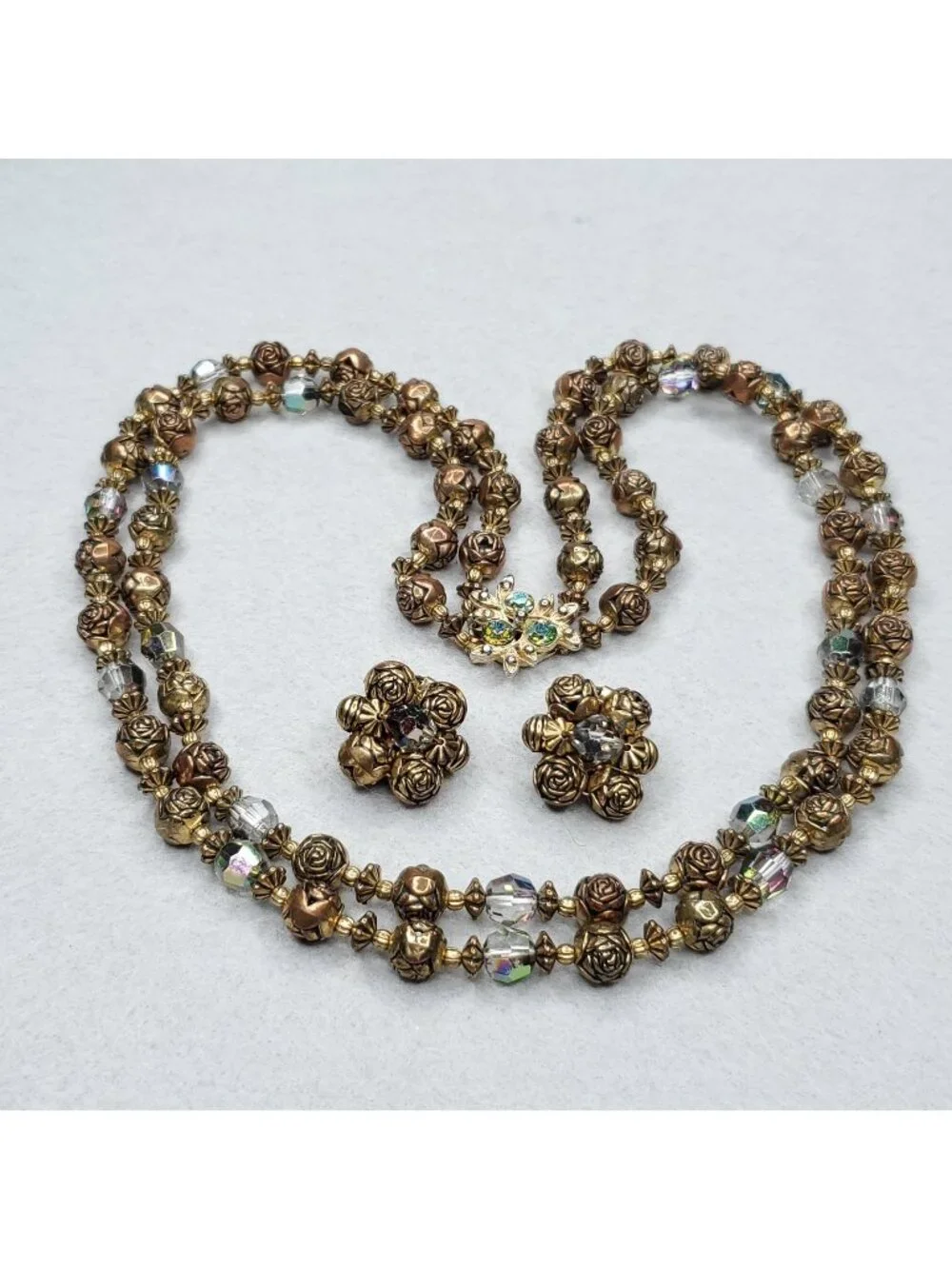 Vintage Beaded Necklace Clip On Earring Set Copper Gold Tone Rosebud 21